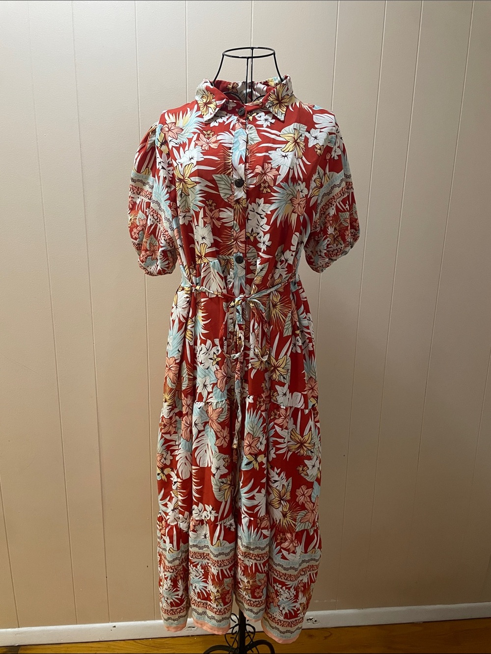 Rust Floral Maxi Shirt Dress with Tie Waist
